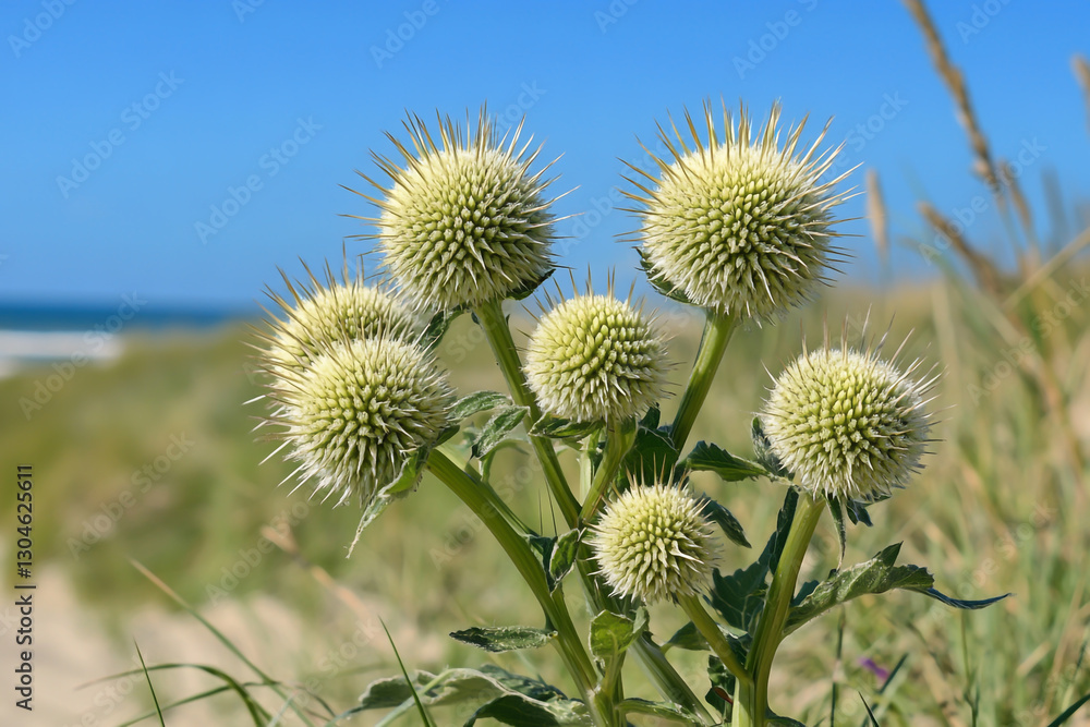 Obraz premium Beautiful dune grass on the beach with a sea background. Close-up of beautiful spiky, puffy flowers growing in the sand on a sunny day, with ample copy space.