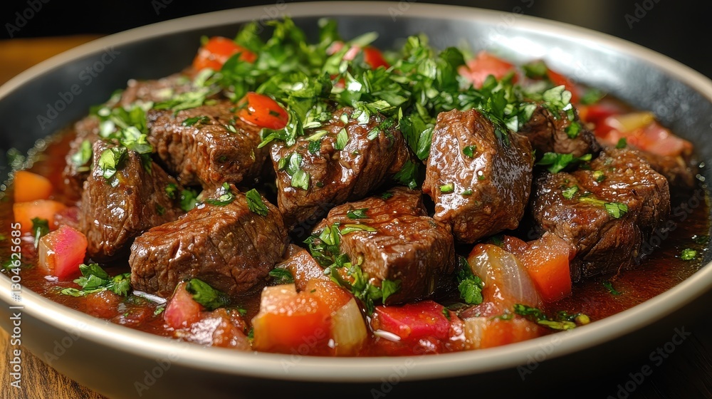A rich, burgundy-braised beef, its tender edges yielding to a gentle bite, nestled amidst a vibrant tapestry of leafy greens. A rich, burgundy-braised beef, its tender edges yielding to a gentle bite, nestled amidst a vibrant tapestry of leafy greens.