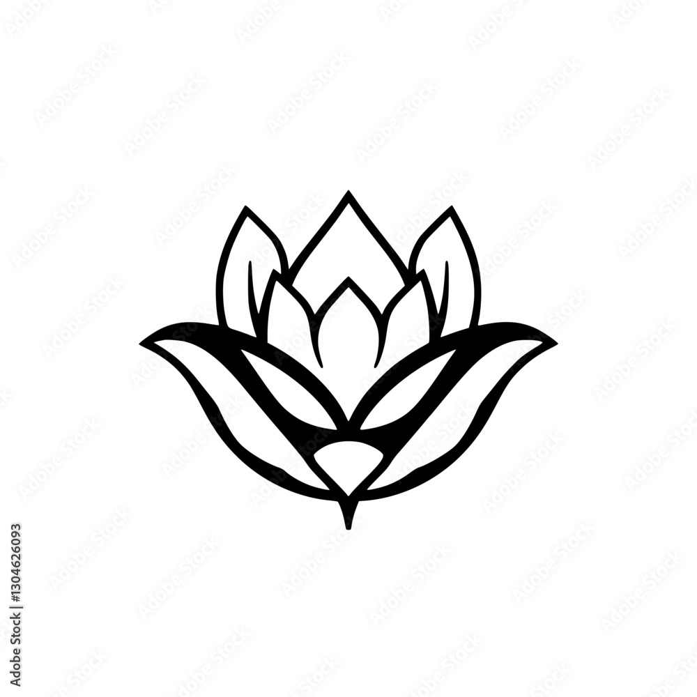 Black and White: Simple stylized lotus flower illustration of a central lotus blossom. Black and White: Simple stylized lotus flower illustration of a central lotus blossom.