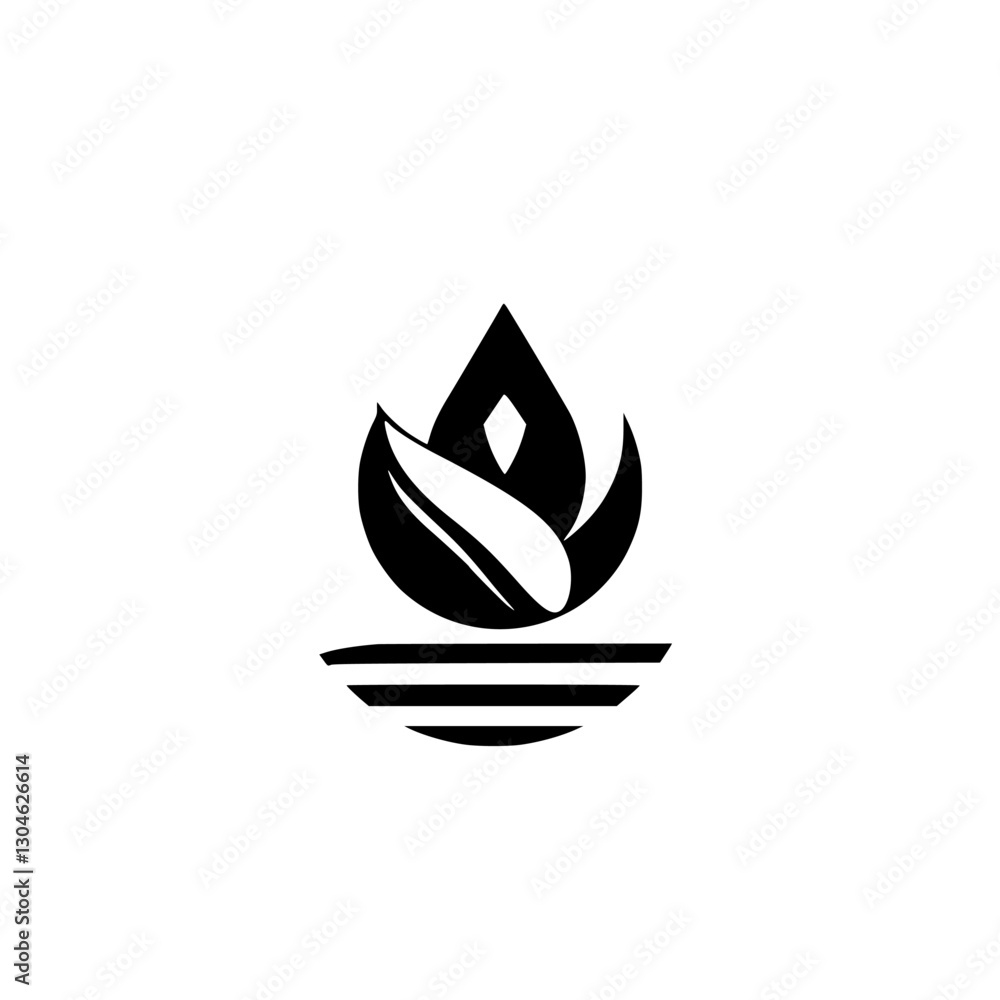 Black and white logo of a stylized lotus flower, set on water; clean and simple design. Black and white logo of a stylized lotus flower, set on water; clean and simple design.