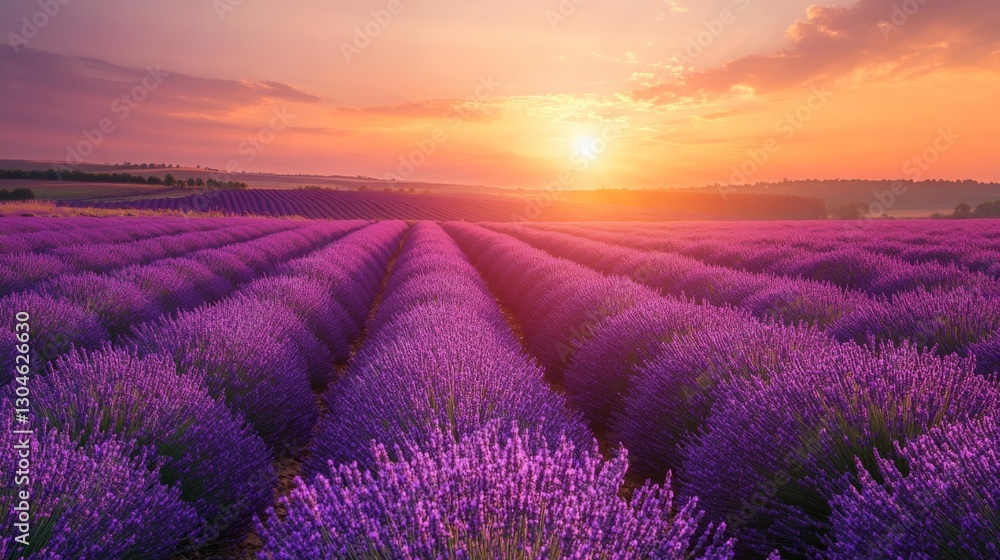 Obraz premium sea of lavender fields stretching toward the horizon, golden sunlight setting behind distant rolling hills, 16:9