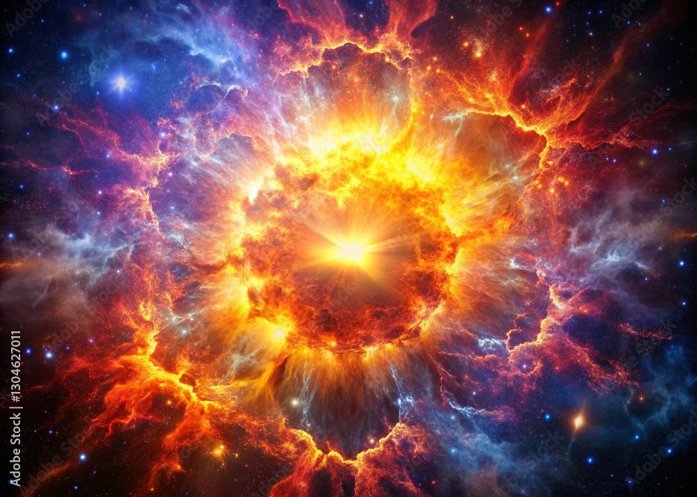 Fototapeta premium Macro Fiery Cosmic Explosion: Vibrant Nebula Energy Burst Stock Photo
