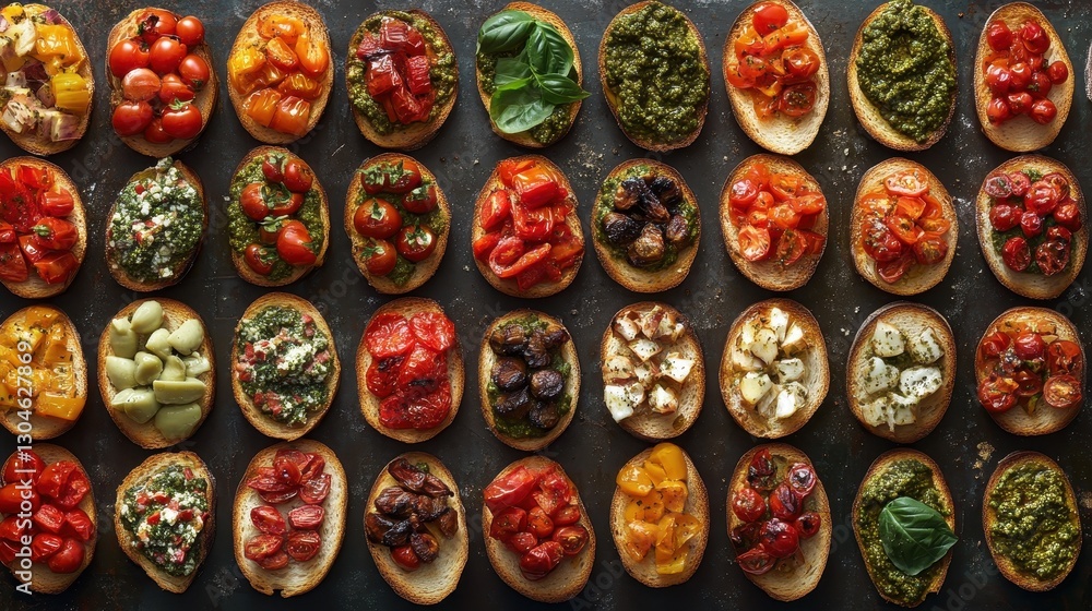 Fototapeta premium A vibrant tapestry of bruschettas, each adorned with a medley of toppings - from classic basil and tomatoes to vibrant pesto and roasted peppers - arranged in a captivating top-down view, inviting