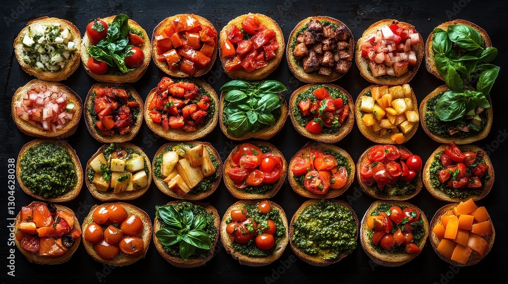 A vibrant tapestry of bruschettas, each adorned with a medley of toppings - from classic basil and tomatoes to vibrant pesto and roasted peppers - arranged in a captivating top-down view, inviting A vibrant tapestry of bruschettas, each adorned with a medley of toppings - from classic basil and tomatoes to vibrant pesto and roasted peppers - arranged in a captivating top-down view, inviting