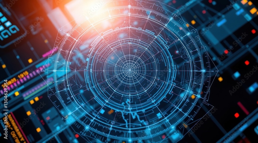 Naklejka premium Futuristic Technology Interface with Glowing Lines and Digital Information Display