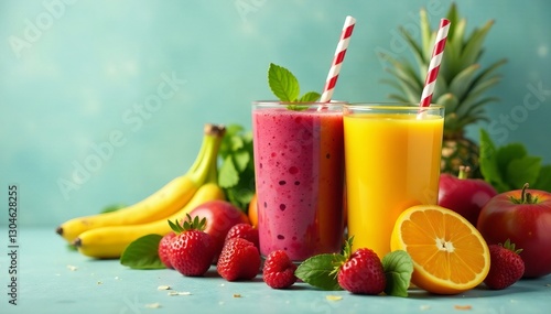 Fototapeta Naklejka Na Ścianę i Meble -  Colorful array of fresh fruits and vegetables for vibrant smoothies, organic, wellness