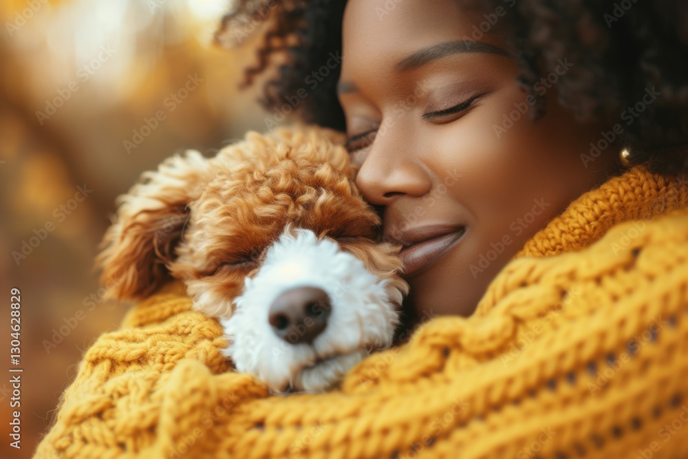 Woman embraces small dog surrounded by autumn foliage during a sunny afternoon in a park setting Woman embraces small dog surrounded by autumn foliage during a sunny afternoon in a park setting