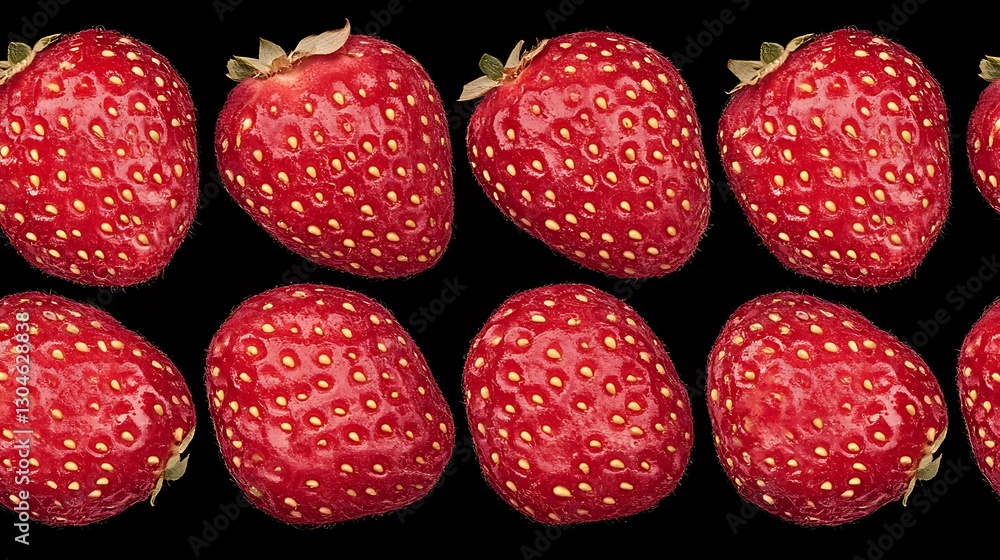 Rows of ripe strawberries isolated on a black backdrop, possibly for food blogs or menus Rows of ripe strawberries isolated on a black backdrop, possibly for food blogs or menus