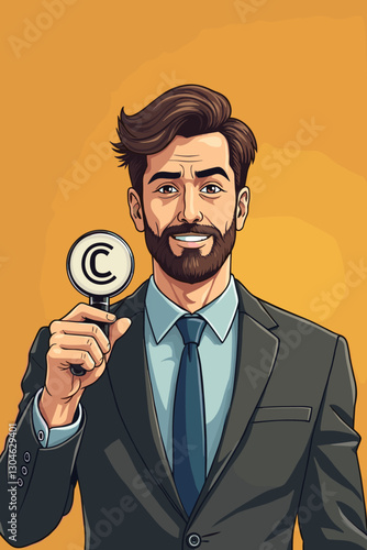 Copyright protection concept, man holding stamp with copyright symbol, legal rights for artists and intellectual property