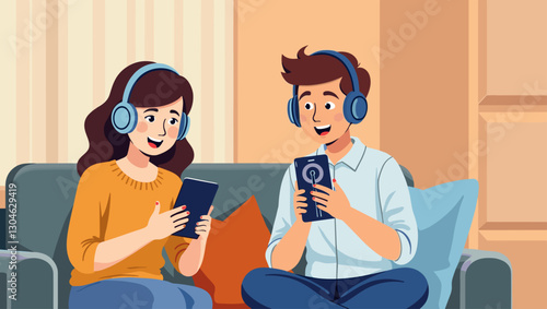 Couple Listening to Podcasts on Mobile App, Enjoying Online Radio Shows and Audio Content