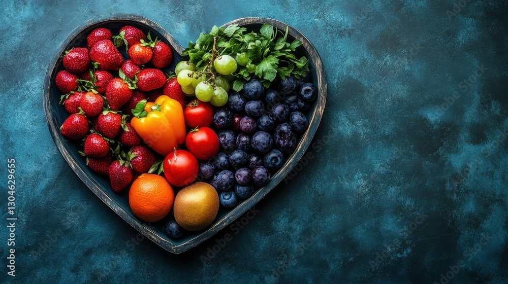 Heart Shaped Tray Filled with Fresh Fruits and Vegetables on Dark Blue Textured Background Overhead Shot Heart Shaped Tray Filled with Fresh Fruits and Vegetables on Dark Blue Textured Background Overhead Shot