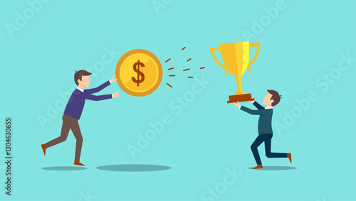 Person Chasing Dollar Coin and Trophy Representing Financial Motivation