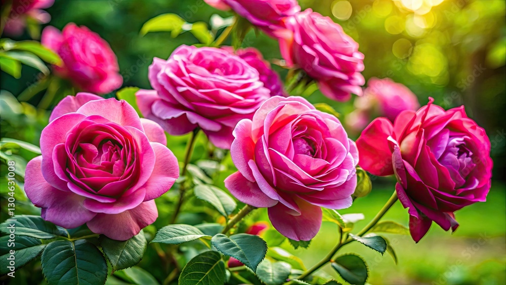 A garden overflowing with pink roses, their lush foliage enhancing the romantic bouquet. A garden overflowing with pink roses, their lush foliage enhancing the romantic bouquet.