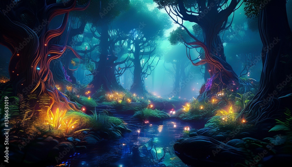An enchanted forest bathed in the soft glow of bioluminescent plants, with mist swirling between twisted trees, creating a magical and mysterious atmosphere.
An enchanted forest bathed in the soft glow of bioluminescent plants, with mist swirling between twisted trees, creating a magical and mysterious atmosphere.