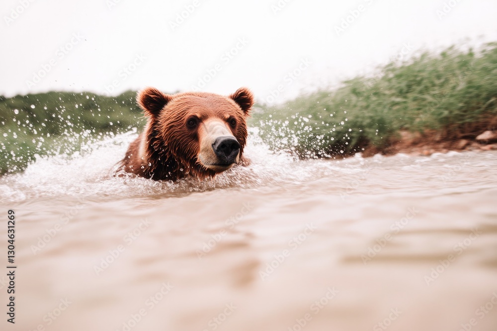Brown bear swimming through calm water, surrounded by lush green Brown bear swimming through calm water, surrounded by lush green