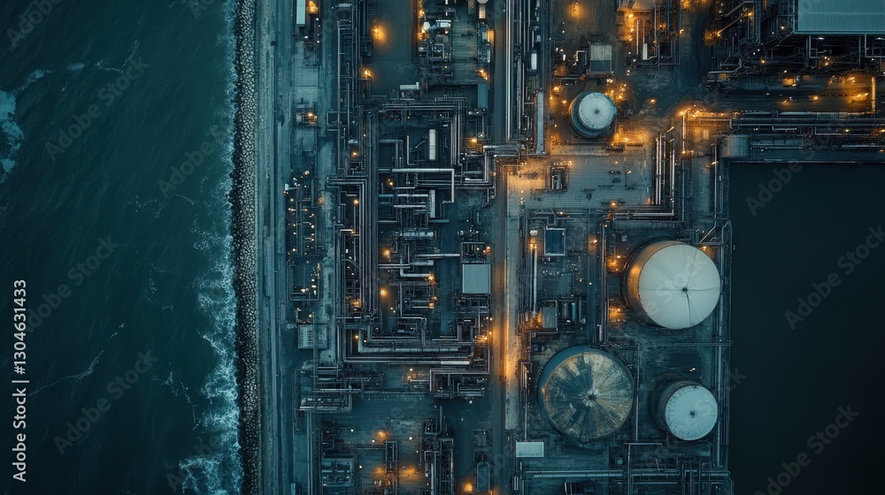 Fototapeta premium Aerial View of Industrial Facility with Pipes and Reservoirs at Night