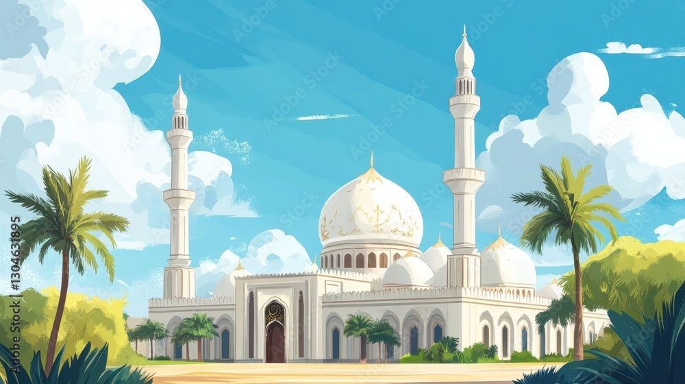 Obraz premium A beautiful white mosque surrounded by trees and lush green foliage