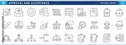A set of line icons related to Approval and Acceptance. Accept, approve, like, feedback, star, checklist, message, okay, and so on. Vector editable stroke.
