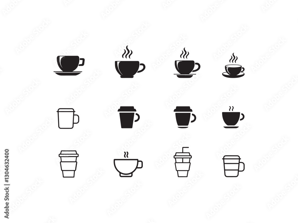 coffee cup icon set.Variety of Coffee Cups and Takeaway Containers Icons.Set of black and white icons depicting various types of coffee cups and takeaway containers. coffee cup icon set.Variety of Coffee Cups and Takeaway Containers Icons.Set of black and white icons depicting various types of coffee cups and takeaway containers.