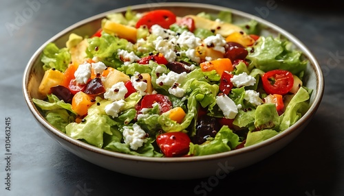 Fresh salad bowl on dark table background
