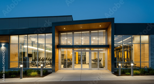 Modern fitness center entrance showcasing sleek architecture and bright interior design at twilight