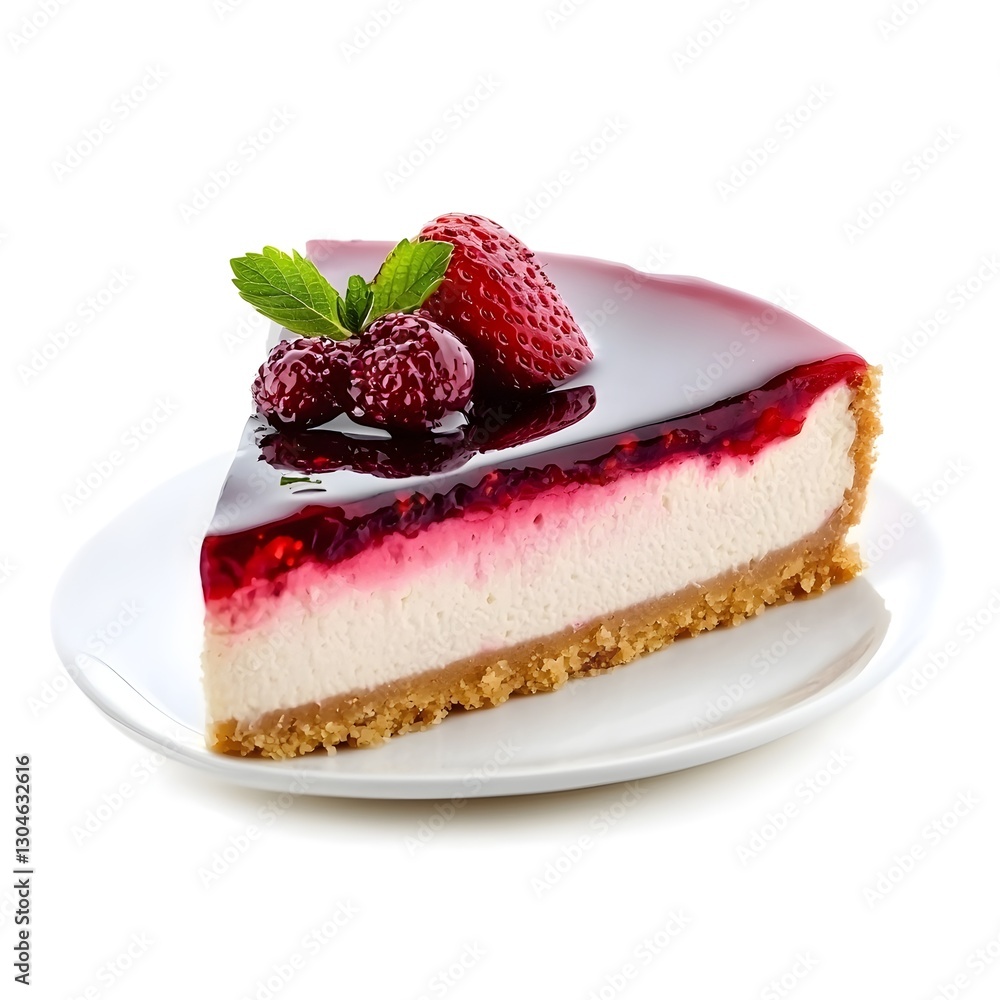 Delicious Strawberry Cheesecake with Berry Topping, Side View, Isolated on White Background Delicious Strawberry Cheesecake with Berry Topping, Side View, Isolated on White Background