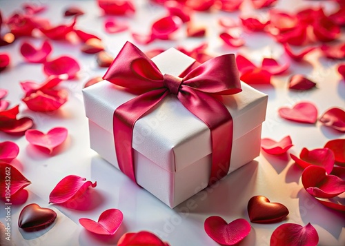 A romantic Valentine's gift, bathed in night's embrace, surrounded by delicate pink petals and vibrant red balloons.