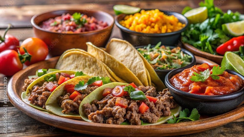 Macro Shot: Colorful Mexican Food Platter - Ground Beef, Salsa, Tortillas Macro Shot: Colorful Mexican Food Platter - Ground Beef, Salsa, Tortillas