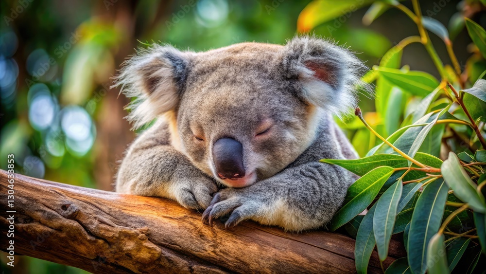Obraz premium Australian urban exploration reveals adorable koala slumbering peacefully in its treetop home.