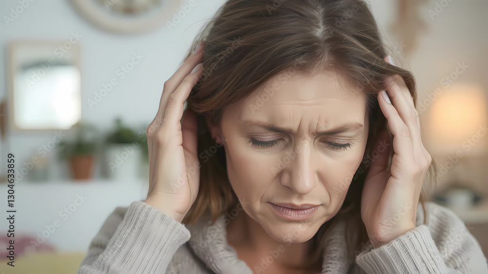 A woman sits in a softly lit indoor space, her expression conveying discomfort as she gently holds her head with both hands, signaling distress or a headache. Her long, brown hair frames her face, whi A woman sits in a softly lit indoor space, her expression conveying discomfort as she gently holds her head with both hands, signaling distress or a headache. Her long, brown hair frames her face, whi