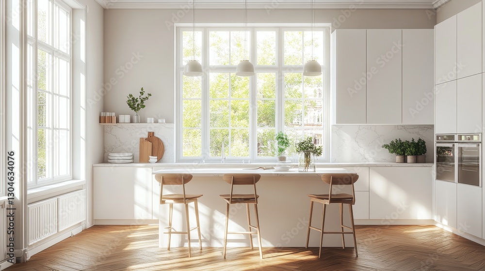 Fototapeta premium Scandinavian-inspired white kitchen nook featuring tall multi-pane windows, warm wooden herringbone flooring, sleek white cabinet system with integrated appliances, marble-look countertops, linear