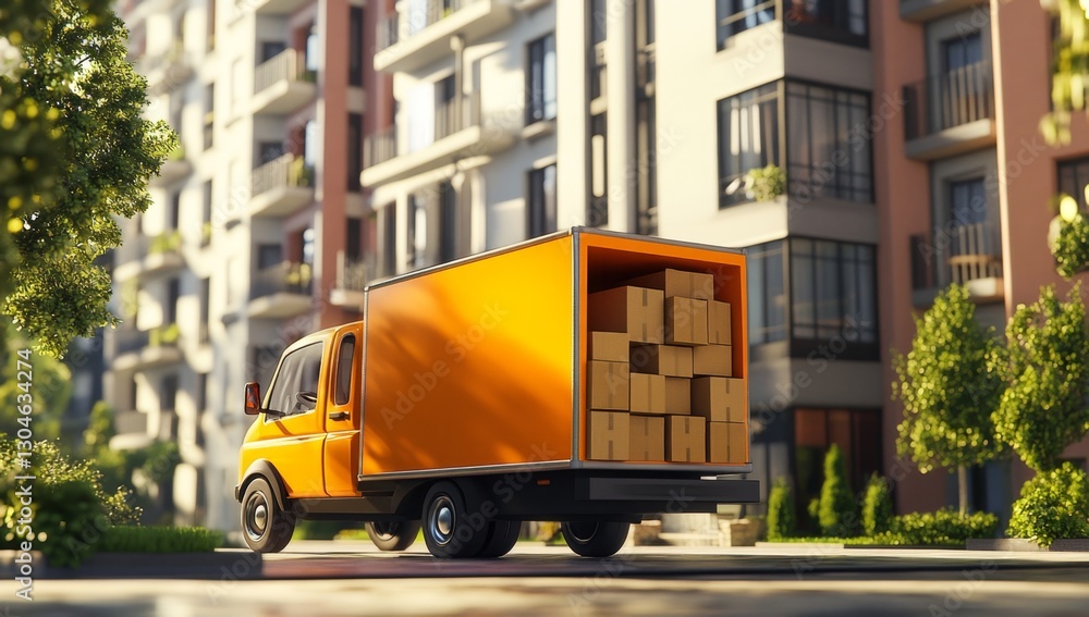 Orange delivery van with boxes parked on city street Orange delivery van with boxes parked on city street
