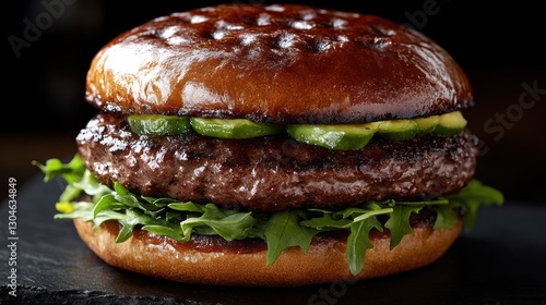 Gourmet burger, close-up on dark stone plate, with avocado and cucumber photo