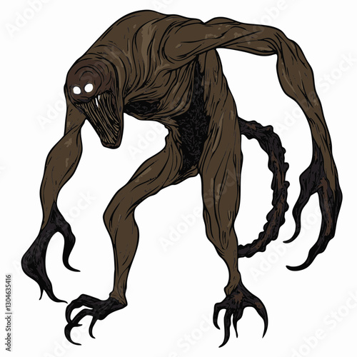 Vector Illustration of a Dark, Creepy Creature with Long Limbs and Distinctive Features - Ideal for Horror Themes