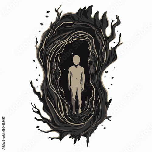 Abstract Illustration of a Silhouette in a Dark Portal: A surreal depiction suitable for themes of introspection and mystery.