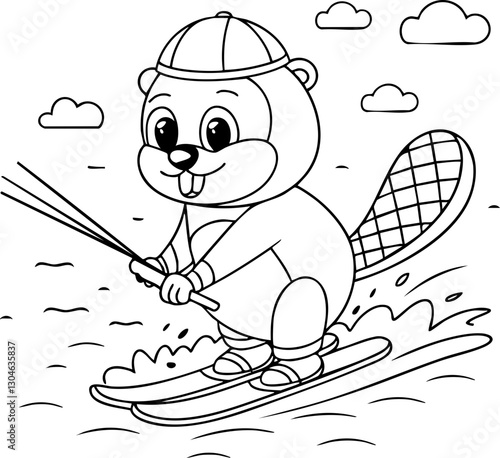 Vector illustration of a cartoon beaver waterskiing on a sunny day, ideal for children's designs and coloring activities.