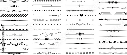 Decorative dividers, elegant line art, ornamental borders, vintage separators, floral accents, whimsical designs, creative embellishments, graphic elements, black vector patterns, design resources
