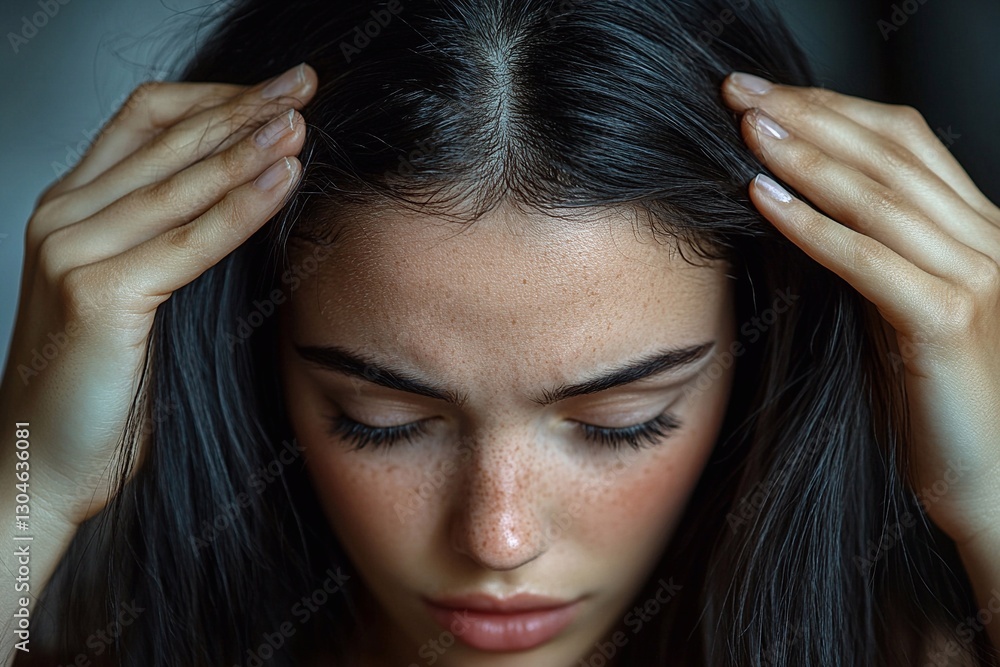 Naklejka premium Young woman experiencing stress in a calm indoor setting during daylight hours