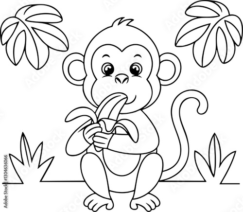 Vector illustration of a playful monkey holding a banana amidst tropical leaves, ideal for children's designs or educational materials.