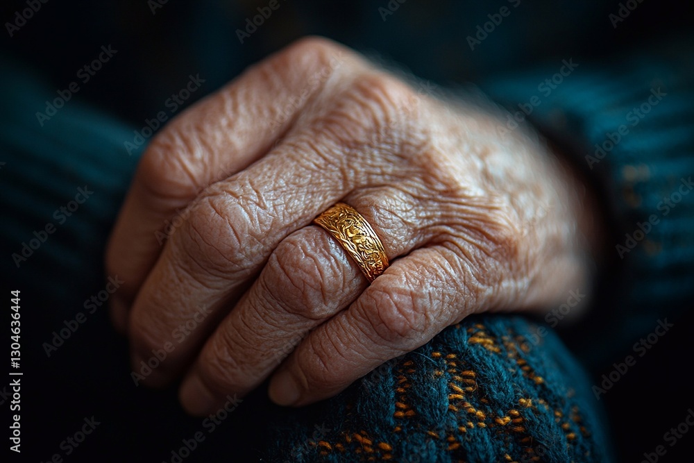 Fototapeta premium Elderly hands resting together with a golden ring reflecting years of love and memories