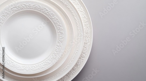 Luxurious set of bone china dinner plates arranged systematically, detailed embossed patterns featuring classical motifs, architectural elements, delicate lace-like borders, pearl white finish,
