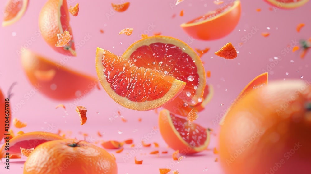 Floating citrus slices create a vibrant display on a pink background showcasing freshness and vitality Floating citrus slices create a vibrant display on a pink background showcasing freshness and vitality