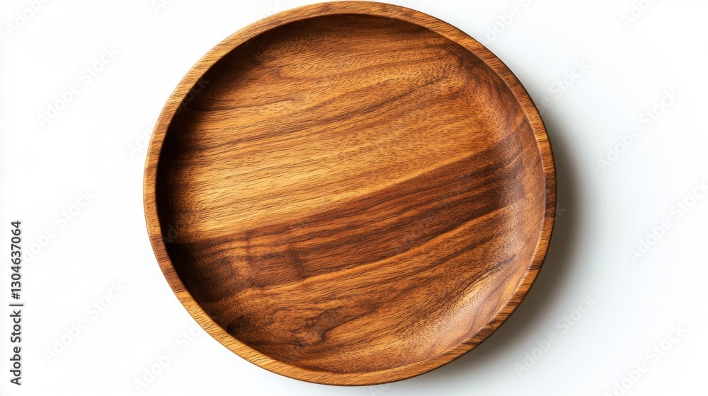 Clean handcrafted acacia wood plate from above, natural grain patterns visible, smooth polished finish, circular form with gentle raised rim, rich honey-toned timber, pure white seamless background, Clean handcrafted acacia wood plate from above, natural grain patterns visible, smooth polished finish, circular form with gentle raised rim, rich honey-toned timber, pure white seamless background,