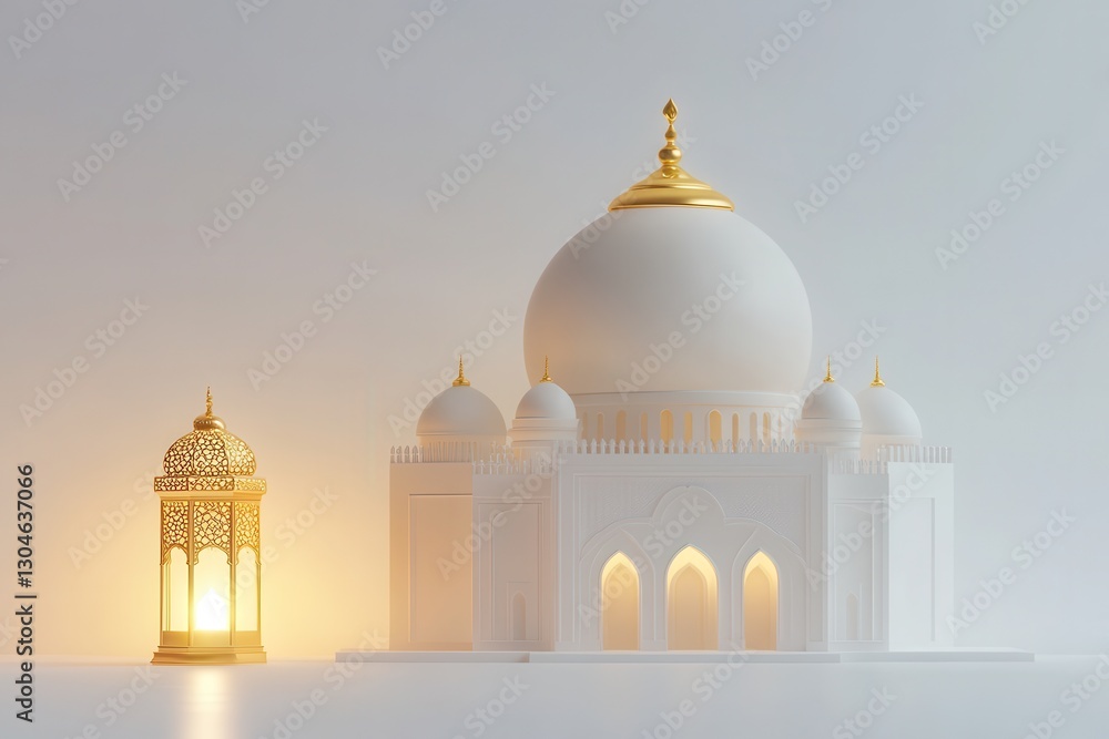 Obraz premium A minimalist setup featuring a glowing lantern and a mosque model on a white background