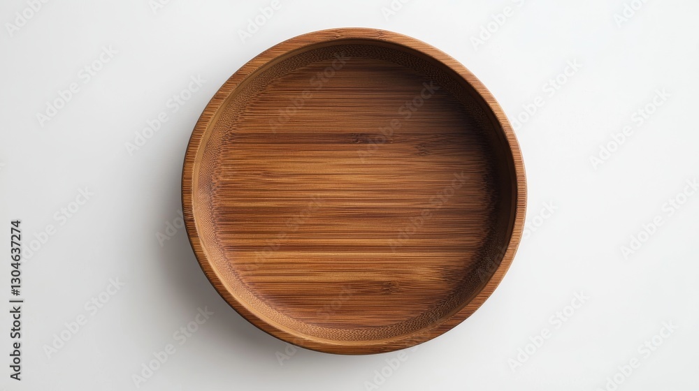 Minimalist round wooden serving dish photographed from top down, organic wood grain texture, polished bamboo material, subtle concentric circles, beveled edges, warm brown tones, crisp white Minimalist round wooden serving dish photographed from top down, organic wood grain texture, polished bamboo material, subtle concentric circles, beveled edges, warm brown tones, crisp white
