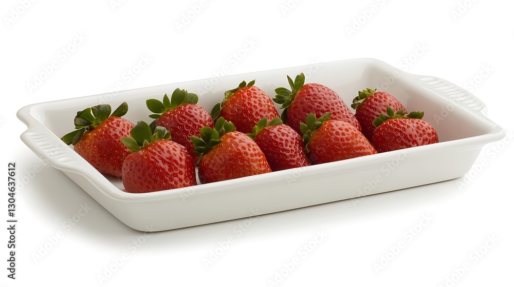 Fresh red strawberries in white tray on white surface, natural food display, studio shot, for culinary uses Fresh red strawberries in white tray on white surface, natural food display, studio shot, for culinary uses