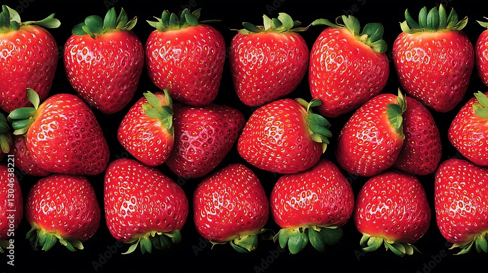 Fresh strawberries arranged rows, isolated black backdrop, for food product illustration Fresh strawberries arranged rows, isolated black backdrop, for food product illustration