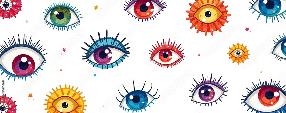 Fototapeta premium Colorful doodle eyes pattern on white background for children's products, hand-drawn, playful