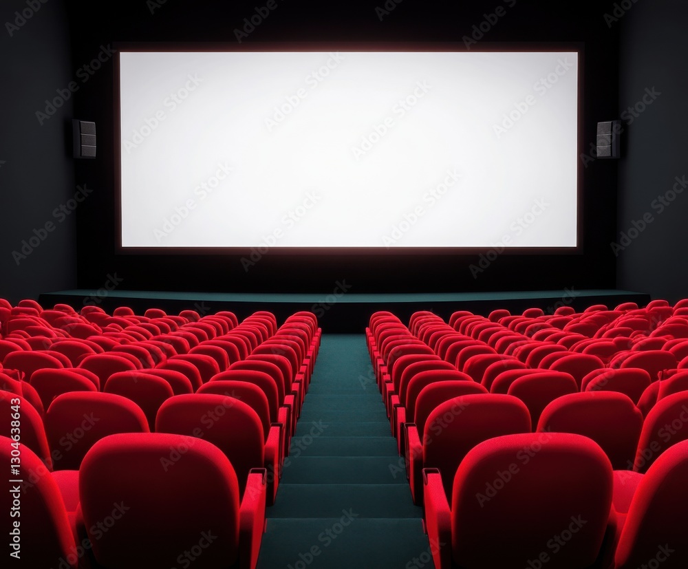 Naklejka premium Interior of an empty cinema hall with red seats and a large white screen illuminated in a dark environment at night