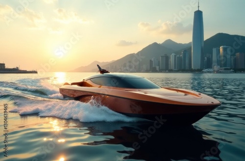Futuristic yacht against the backdrop of big city skyscrapers